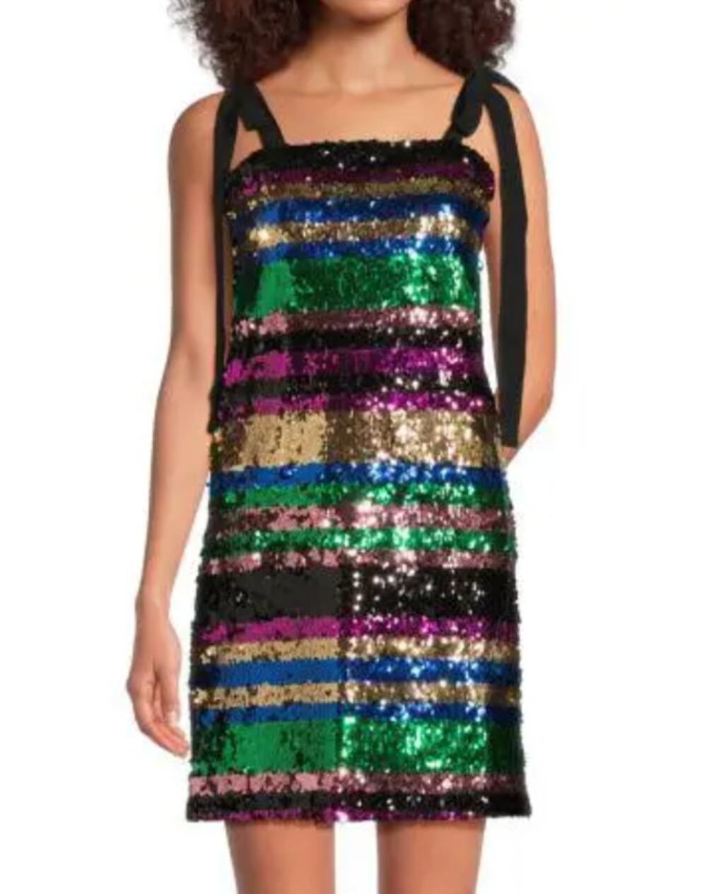 Lea & Viola Black Multi Color Sequin Stripe Mini Sleeveless Bow Ties Shift Dress